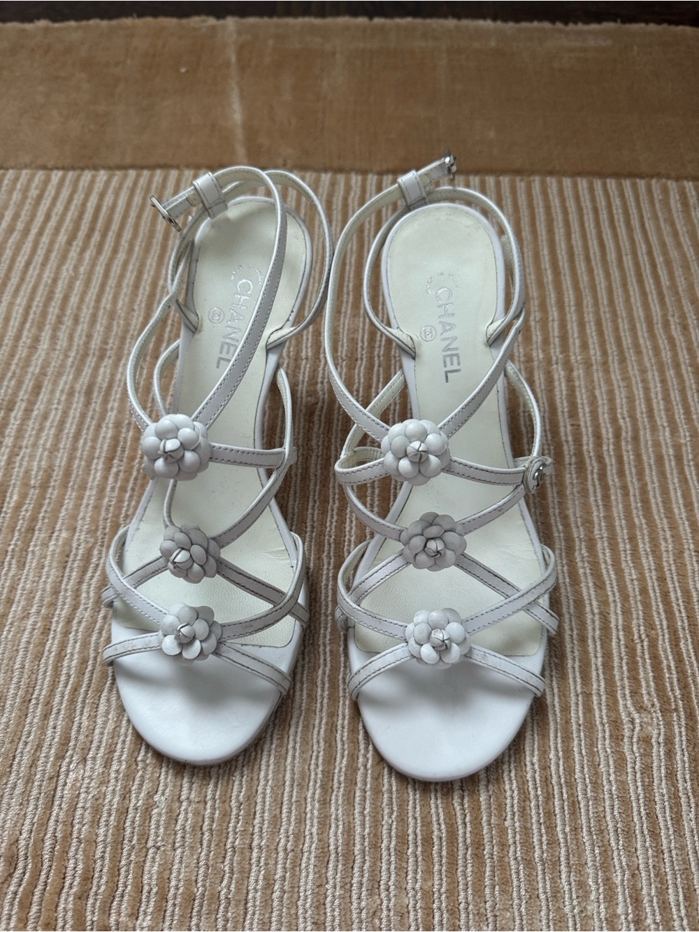 CHANEL Ivory Floral Strappy Heeled Sandals